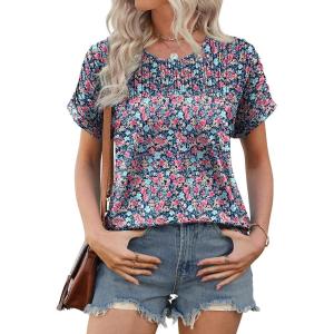 XIEERDUO Womens T Shirts Casual Summer Tops Pleated Crewneck Short Sleeve Blouses Trendy Beach Vacation Clothes(Z Blue Flower)