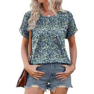 XIEERDUO Womens T Shirts Casual Summer Tops Pleated Crewneck Short Sleeve Blouses Trendy Beach Vacation Clothes(Z Floral Blue)