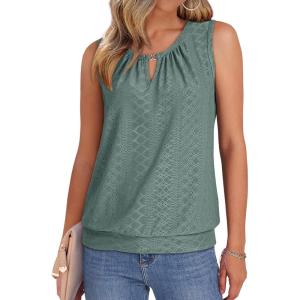 XIEERDUO Womens Tank Tops Keyhole V Neck Tank Tops Summer Tops for Women 2025 Eyelet Embroidered Loose Fit(Green)