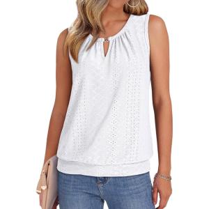 XIEERDUO Womens Tank Tops Keyhole V Neck Tank Tops Summer Tops for Women 2025 Eyelet Embroidered Loose Fit(White)