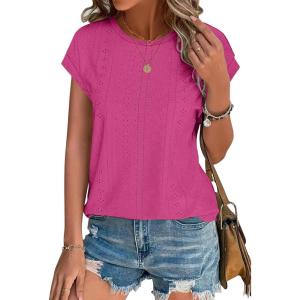 XIEERDUO Womens Tops Short Sleeve Shirts Blouses for Women Dressy Casual Cap Sleeve Tops with Curved Hem(F-hot Pink)