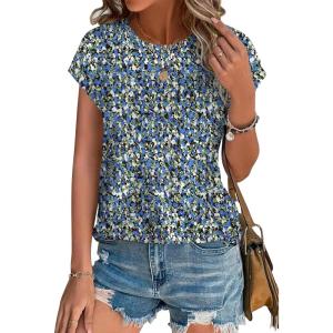 XIEERDUO Womens Tops Short Sleeve Shirts Blouses for Women Dressy Casual Cap Sleeve Tops with Curved Hem(K-blue Floral)
