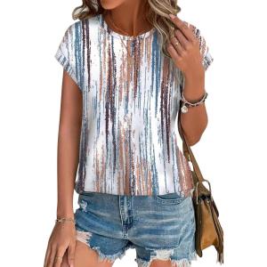 XIEERDUO Womens Tops Short Sleeve Shirts Blouses for Women Dressy Casual Cap Sleeve Tops with Curved Hem(L-tie Dye)
