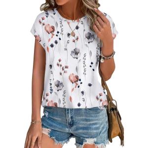 XIEERDUO Womens Tops Short Sleeve Shirts Blouses for Women Dressy Casual Cap Sleeve Tops with Curved Hem(N-white Flower)
