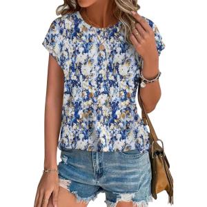 XIEERDUO Womens Tops Short Sleeve Shirts Blouses for Women Dressy Casual Cap Sleeve Tops with Curved Hem(O-blue Yellow Print)