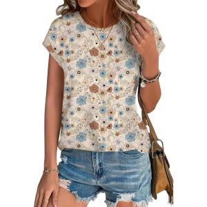 XIEERDUO Womens Tops Short Sleeve Shirts Blouses for Women Dressy Casual Cap Sleeve Tops with Curved Hem(P-pink Blue Flower)