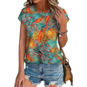 XIEERDUO Womens Tops Short Sleeve Shirts Blouses for Women Dressy Casual Cap Sleeve Tops with Curved Hem(Q-tropical Leaves)