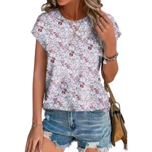 XIEERDUO Womens Tops Short Sleeve Shirts Blouses for Women Dressy Casual Cap Sleeve Tops with Curved Hem(S-pink Blue Floral)