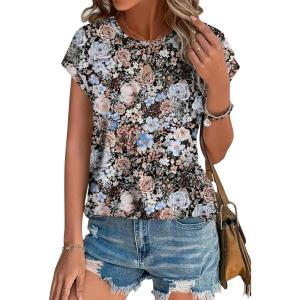 XIEERDUO Womens Tops Short Sleeve Shirts Blouses for Women Dressy Casual Cap Sleeve Tops with Curved Hem(T-black Floral)