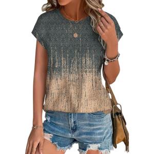 XIEERDUO Womens Tops Short Sleeve Shirts Blouses for Women Dressy Casual Cap Sleeve Tops with Curved Hem(V-grey Pink)