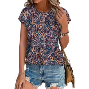 XIEERDUO Womens Tops Short Sleeve Shirts Blouses for Women Dressy Casual Cap Sleeve Tops with Curved Hem(X-blue Orange Floral)