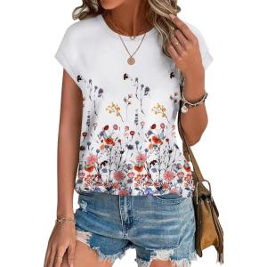 XIEERDUO Womens Tops Short Sleeve Shirts Blouses for Women Dressy Casual Cap Sleeve Tops with Curved Hem(X-dandelion Floral)
