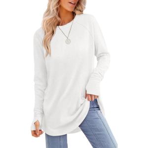 XIEERDUO Womens Tunic Tops to Wear with Leggings Long Sleeve Thumb Hole Shirts Crew Neck Curved Hem(A-white)