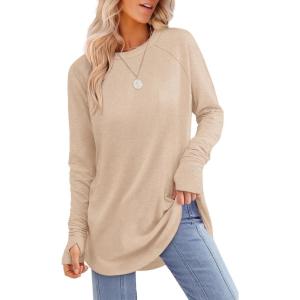 XIEERDUO Womens Tunic Tops to Wear with Leggings Long Sleeve Thumb Hole Shirts Crew Neck Curved Hem(C-beige)