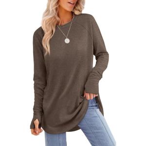 XIEERDUO Womens Tunic Tops to Wear with Leggings Long Sleeve Thumb Hole Shirts Crew Neck Curved Hem(D-coffee)