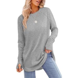 XIEERDUO Womens Tunic Tops to Wear with Leggings Long Sleeve Thumb Hole Shirts Crew Neck Curved Hem(F-grey)