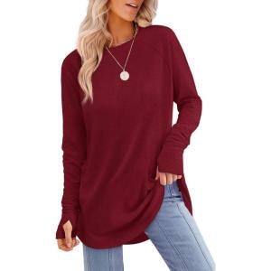 XIEERDUO Womens Tunic Tops to Wear with Leggings Long Sleeve Thumb Hole Shirts Crew Neck Curved Hem(H-burgundy)