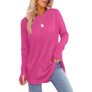 XIEERDUO Womens Tunic Tops to Wear with Leggings Long Sleeve Thumb Hole Shirts Crew Neck Curved Hem(K-hotpink)