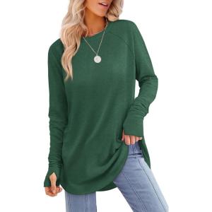 XIEERDUO Womens Tunic Tops to Wear with Leggings Long Sleeve Thumb Hole Shirts Crew Neck Curved Hem(O-dark Green)