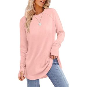 XIEERDUO Womens Tunic Tops to Wear with Leggings Long Sleeve Thumb Hole Shirts Crew Neck Curved Hem(P-lightpink)