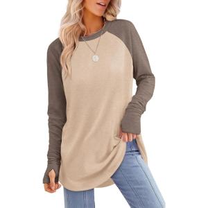 XIEERDUO Womens Tunic Tops to Wear with Leggings Long Sleeve Thumb Hole Shirts Crew Neck Curved Hem(R-coffeekhakicolorblock)