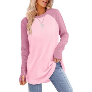 XIEERDUO Womens Tunic Tops to Wear with Leggings Long Sleeve Thumb Hole Shirts Crew Neck Curved Hem(R-pinkcolorblock)