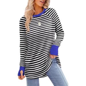 XIEERDUO Womens Tunic Tops to Wear with Leggings Long Sleeve Thumb Hole Shirts Crew Neck Curved Hem(Stripe Black White)