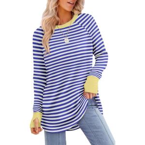 XIEERDUO Womens Tunic Tops to Wear with Leggings Long Sleeve Thumb Hole Shirts Crew Neck Curved Hem(Stripe Blue White)