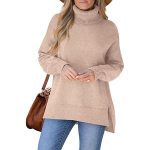 XIEERDUO Women’s Turtleneck Sweaters Oversized Tops Side Slit High Low Hem S-3XL