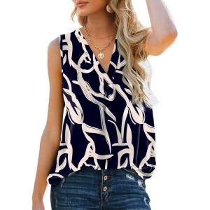 XIEERDUO Women’s V Neck Chiffon Tank Top Sleeveless Work Office Pleated Blouses Tops(02b-black Print)
