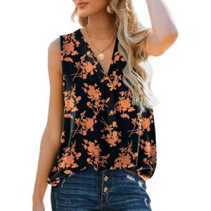 XIEERDUO Women’s V Neck Chiffon Tank Top Sleeveless Work Office Pleated Blouses Tops(03a-orange Flower)