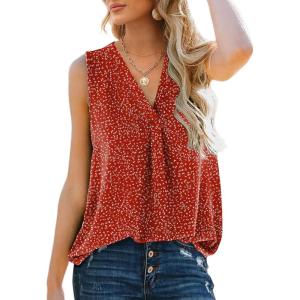 XIEERDUO Women’s V Neck Chiffon Tank Top Sleeveless Work Office Pleated Blouses Tops(03f-red Print)