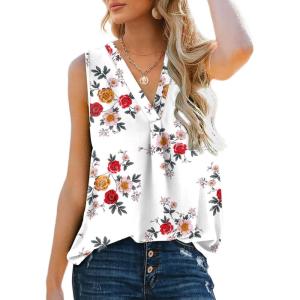 XIEERDUO Women’s V Neck Chiffon Tank Top Sleeveless Work Office Pleated Blouses Tops(03l-white Floral)