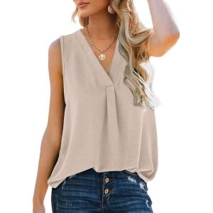 XIEERDUO Women’s V Neck Chiffon Tank Top Sleeveless Work Office Pleated Blouses Tops(07-apricot)