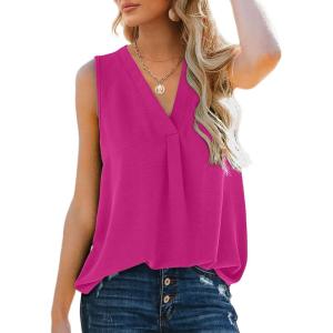 XIEERDUO Women’s V Neck Chiffon Tank Top Sleeveless Work Office Pleated Blouses Tops(07-hot Pink)