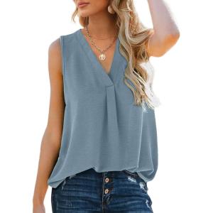 XIEERDUO Women’s V Neck Chiffon Tank Top Sleeveless Work Office Pleated Blouses Tops(09-light Blue)