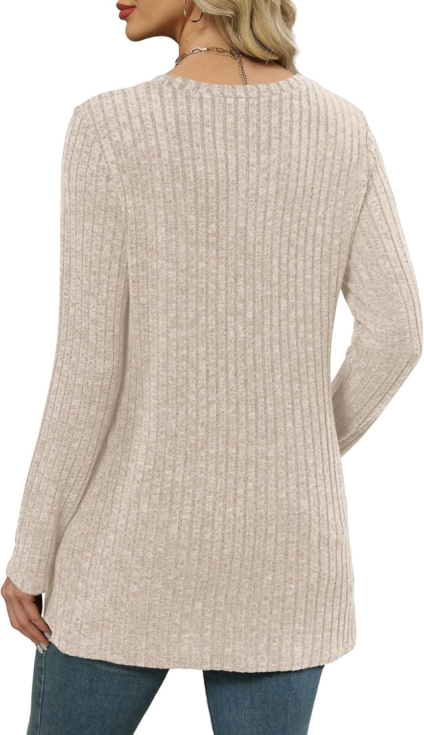 imageXIEERDUO Long Sleeve Shirts for Women Crewneck Tunic Tops Loose Fit Dressy Womens Sweaters with Pockets Fall Fashion 2025Apricot