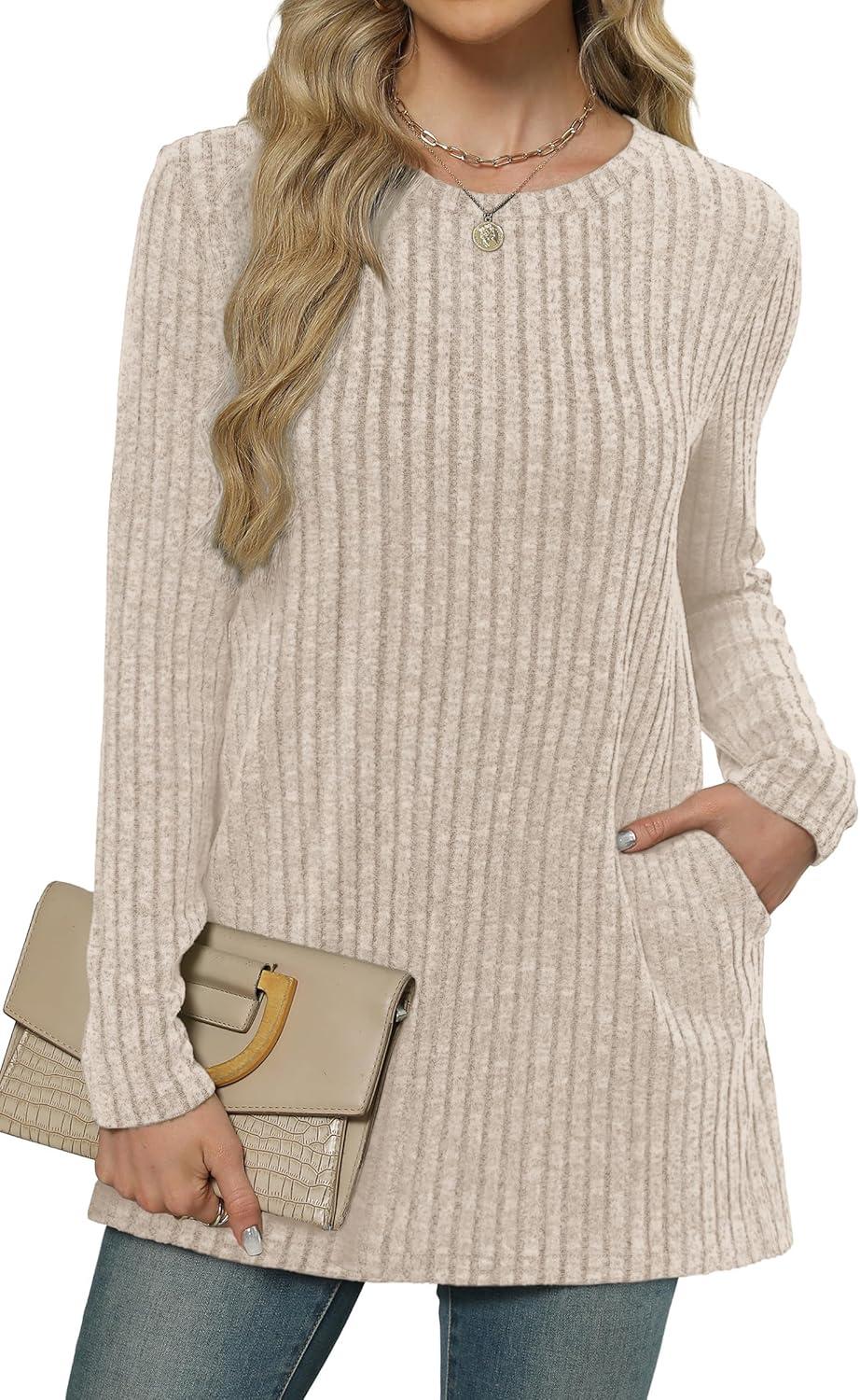 imageXIEERDUO Long Sleeve Shirts for Women Crewneck Tunic Tops Loose Fit Dressy Womens Sweaters with Pockets Fall Fashion 2025Apricot