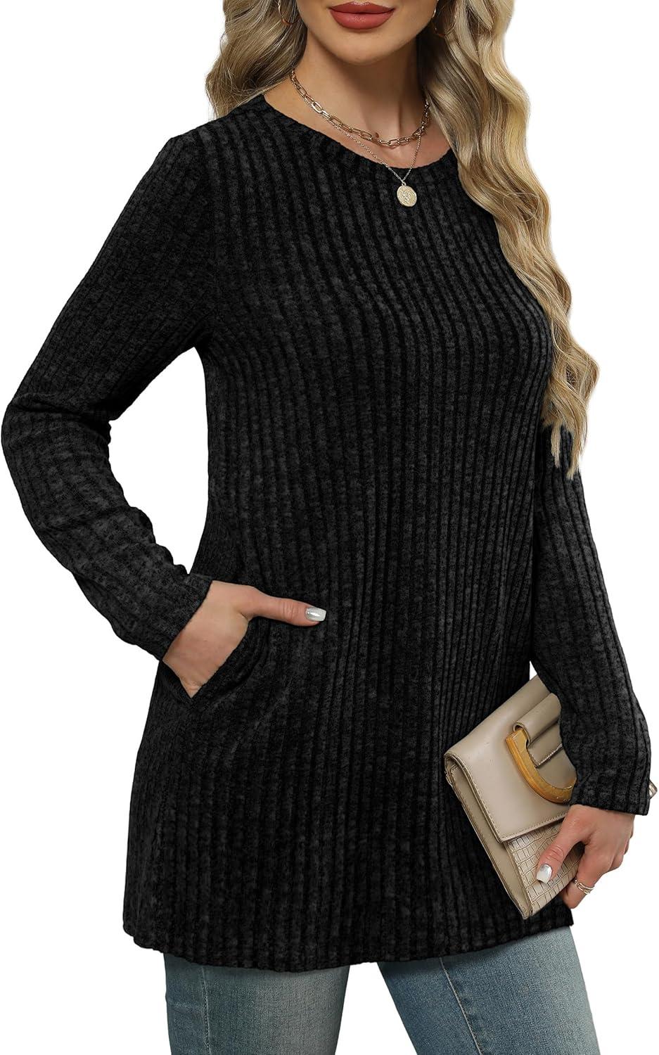 imageXIEERDUO Long Sleeve Shirts for Women Crewneck Tunic Tops Loose Fit Dressy Womens Sweaters with Pockets Fall Fashion 2025Black