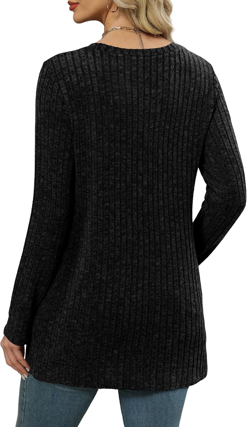 imageXIEERDUO Long Sleeve Shirts for Women Crewneck Tunic Tops Loose Fit Dressy Womens Sweaters with Pockets Fall Fashion 2025Black