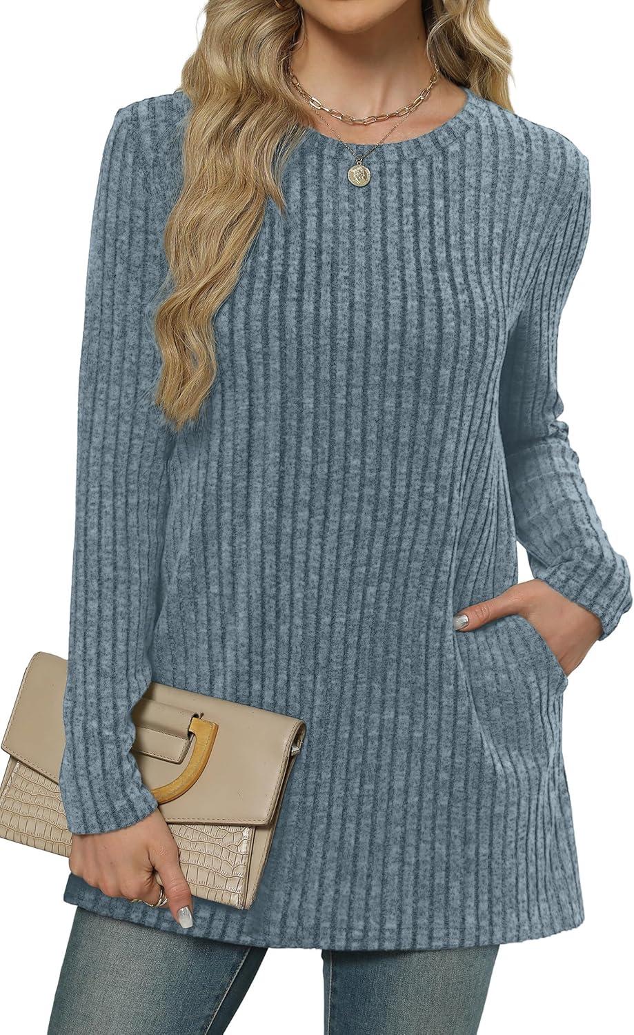 imageXIEERDUO Long Sleeve Shirts for Women Crewneck Tunic Tops Loose Fit Dressy Womens Sweaters with Pockets Fall Fashion 2025Blue