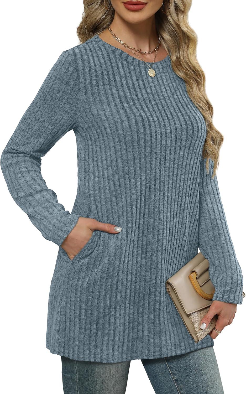 imageXIEERDUO Long Sleeve Shirts for Women Crewneck Tunic Tops Loose Fit Dressy Womens Sweaters with Pockets Fall Fashion 2025Blue