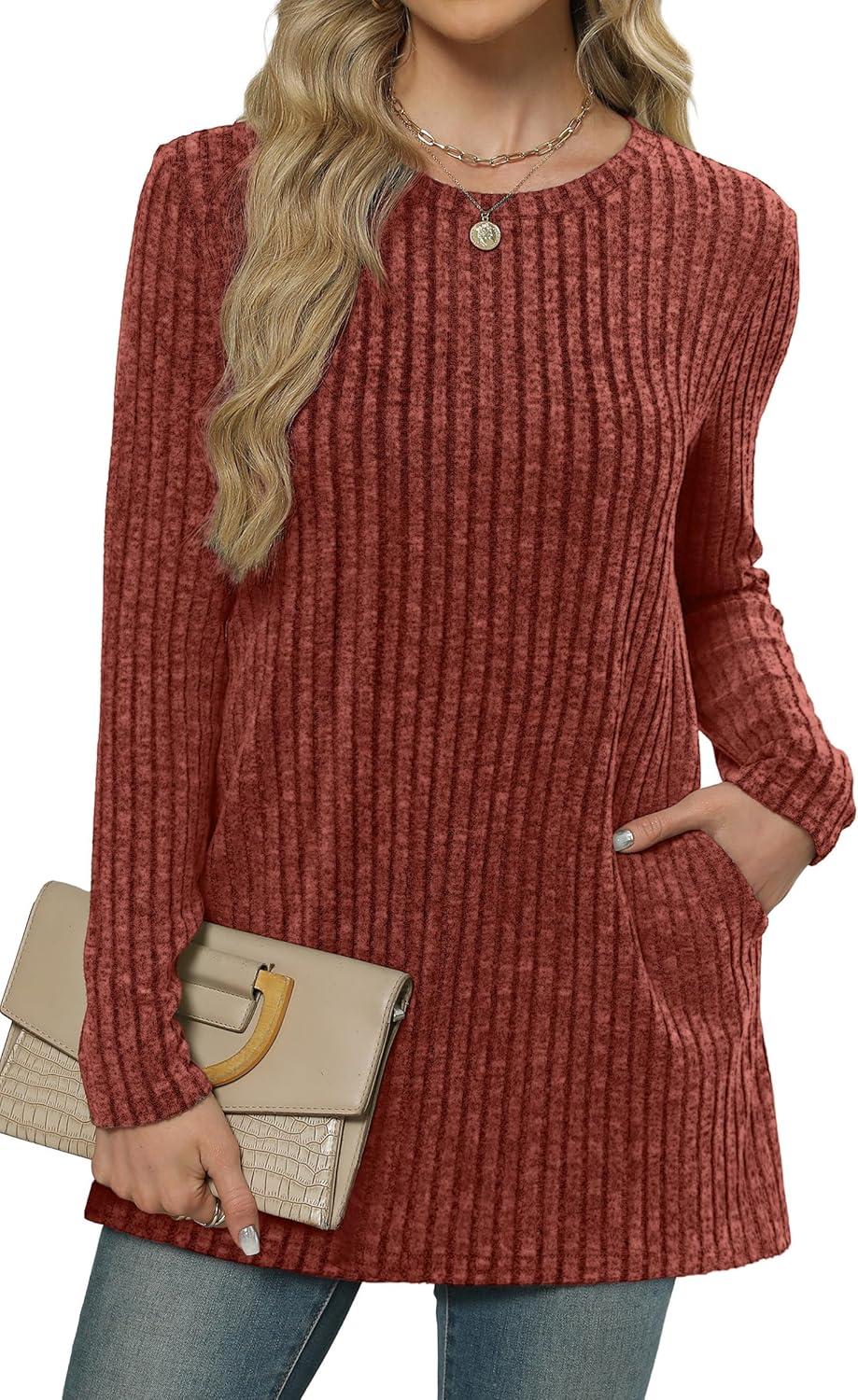 imageXIEERDUO Long Sleeve Shirts for Women Crewneck Tunic Tops Loose Fit Dressy Womens Sweaters with Pockets Fall Fashion 2025Caramel