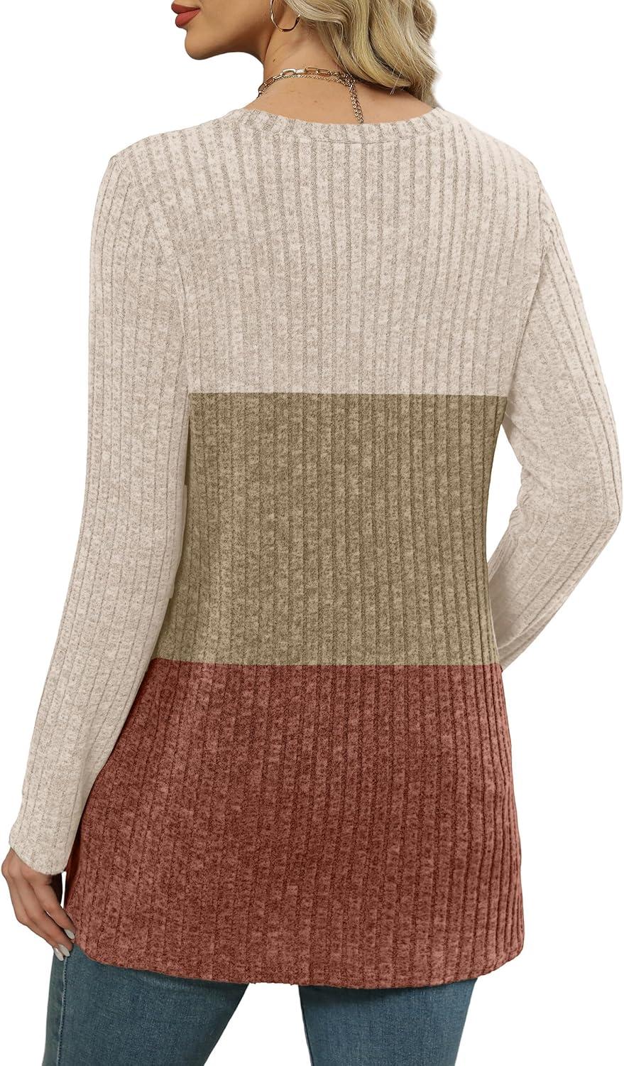 imageXIEERDUO Long Sleeve Shirts for Women Crewneck Tunic Tops Loose Fit Dressy Womens Sweaters with Pockets Fall Fashion 2025Colorblockapricot