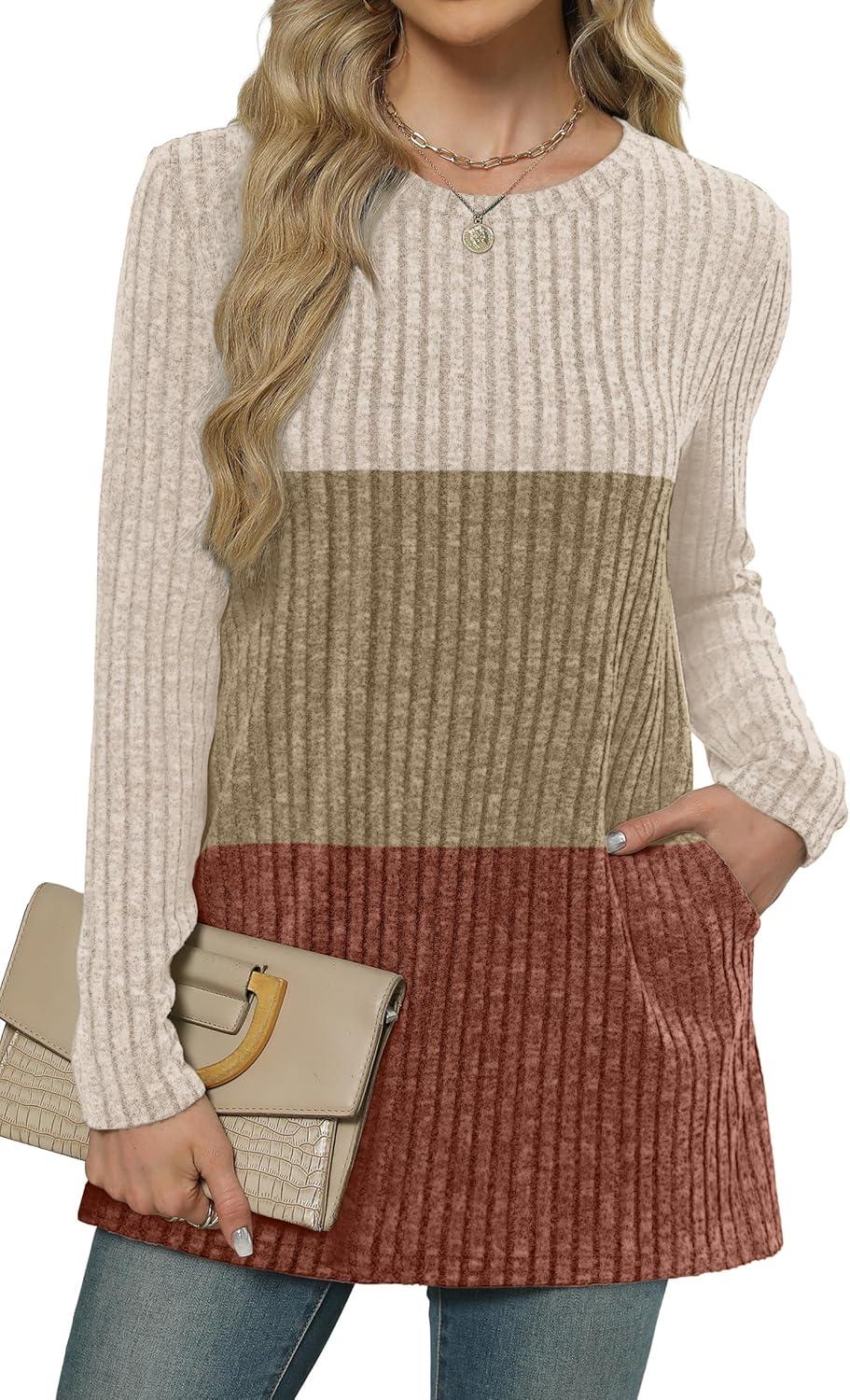 imageXIEERDUO Long Sleeve Shirts for Women Crewneck Tunic Tops Loose Fit Dressy Womens Sweaters with Pockets Fall Fashion 2025Colorblockapricot