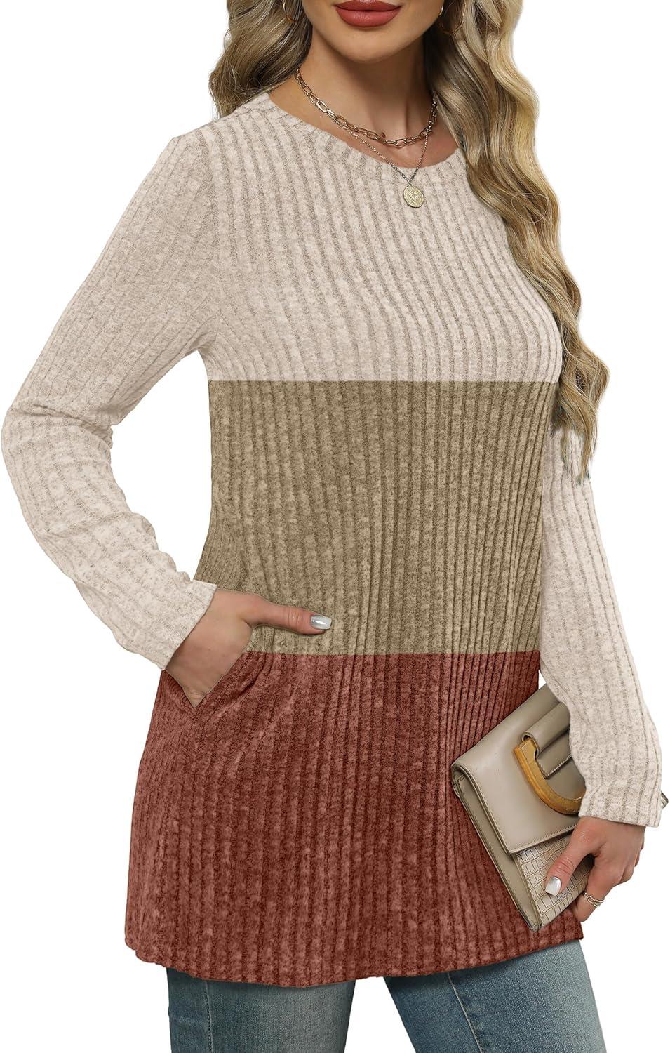 imageXIEERDUO Long Sleeve Shirts for Women Crewneck Tunic Tops Loose Fit Dressy Womens Sweaters with Pockets Fall Fashion 2025Colorblockapricot