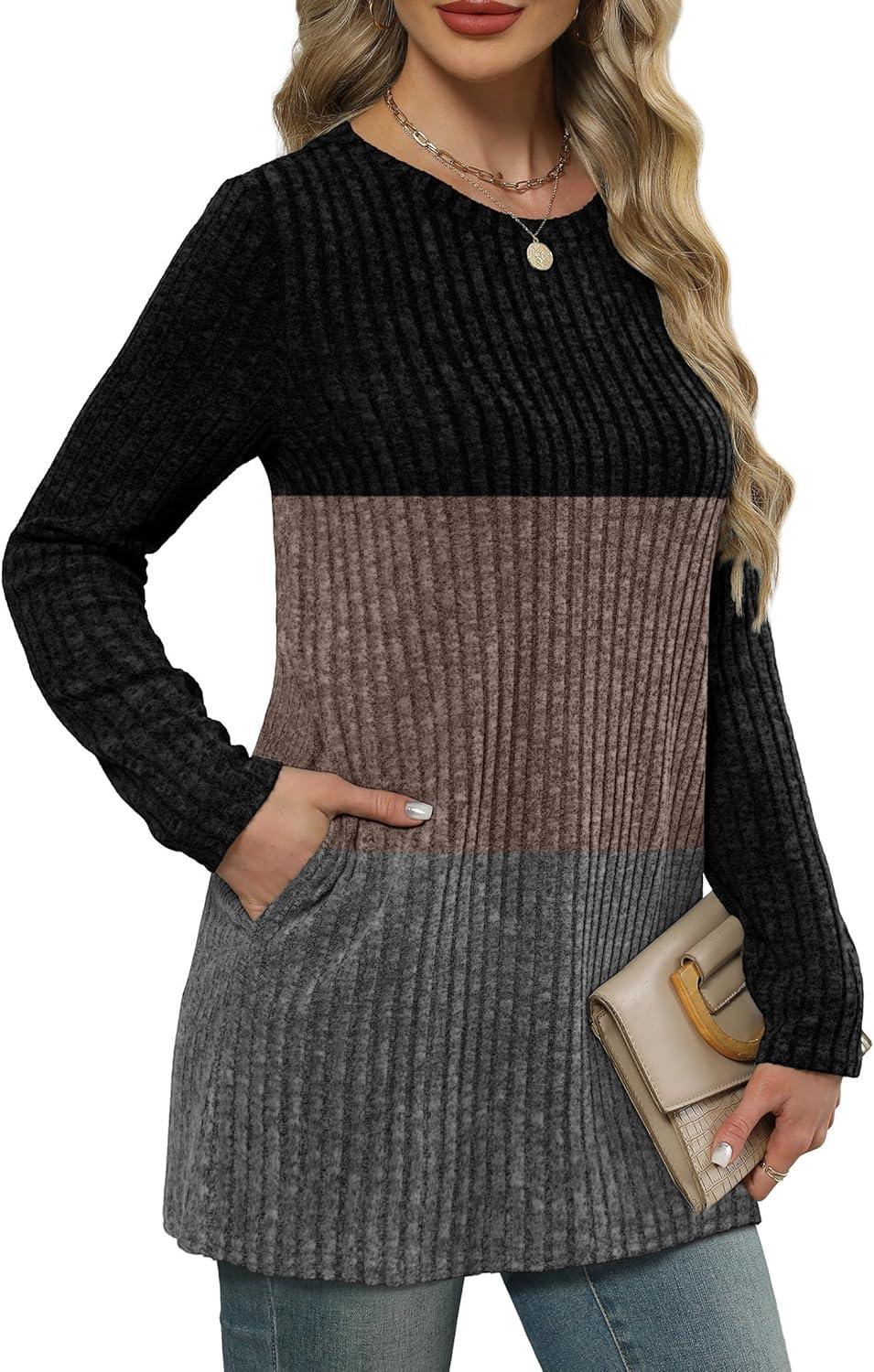 imageXIEERDUO Long Sleeve Shirts for Women Crewneck Tunic Tops Loose Fit Dressy Womens Sweaters with Pockets Fall Fashion 2025Colorblockblack