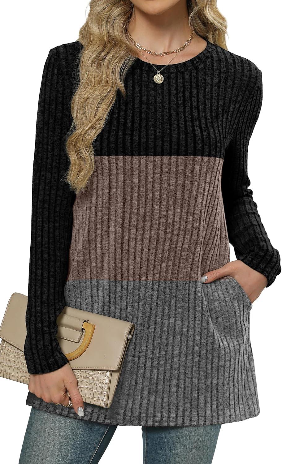 imageXIEERDUO Long Sleeve Shirts for Women Crewneck Tunic Tops Loose Fit Dressy Womens Sweaters with Pockets Fall Fashion 2025Colorblockblack