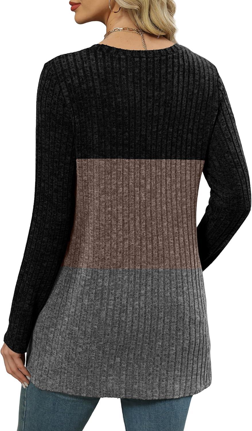 imageXIEERDUO Long Sleeve Shirts for Women Crewneck Tunic Tops Loose Fit Dressy Womens Sweaters with Pockets Fall Fashion 2025Colorblockblack