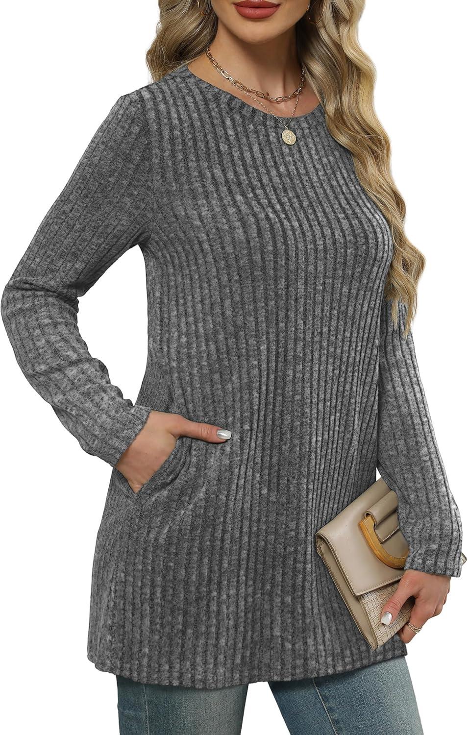 imageXIEERDUO Long Sleeve Shirts for Women Crewneck Tunic Tops Loose Fit Dressy Womens Sweaters with Pockets Fall Fashion 2025Dark Gray